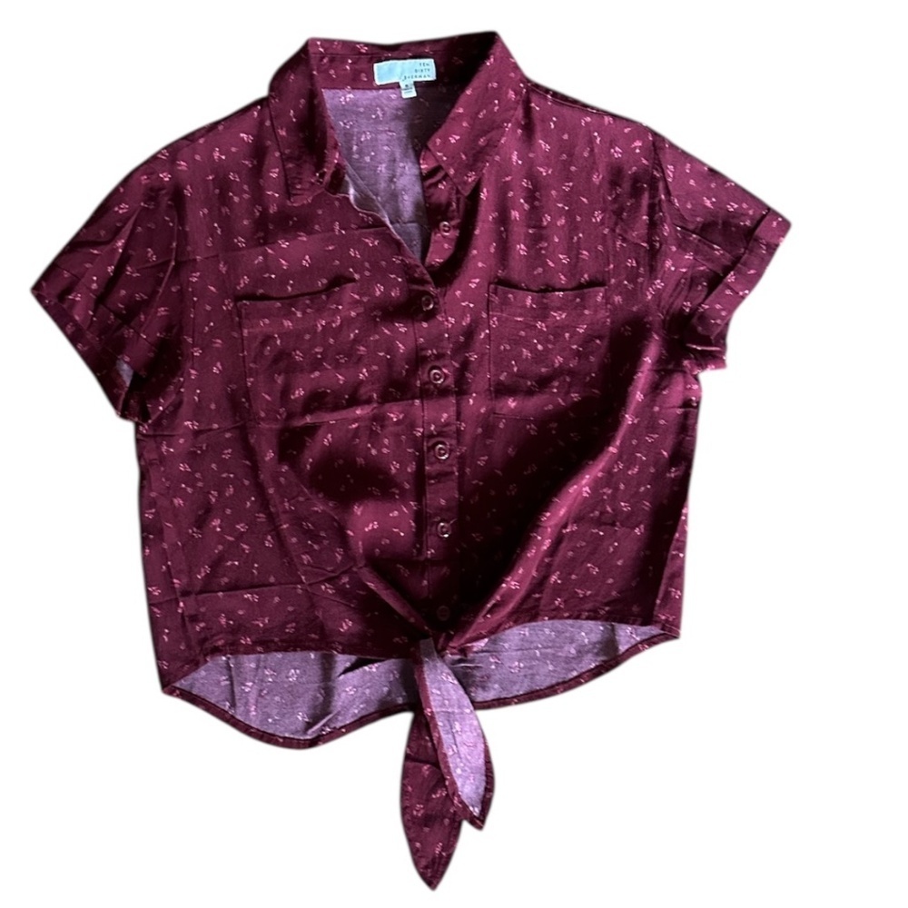Ten Sixty Sherman Burgundy Floral Tie Front Crop Blouse | Size S